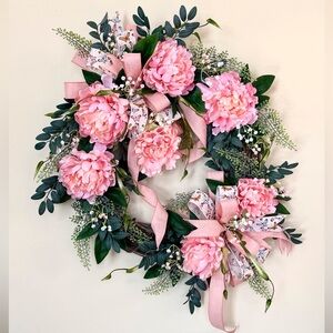 HAND CRAFTED Peach/Pink Peony Spring Summer Everyday Door Wreath